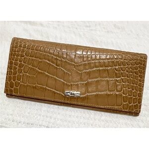 LONGCHAMP Roseau Croc Embossed Tan Leather Continental Wallet